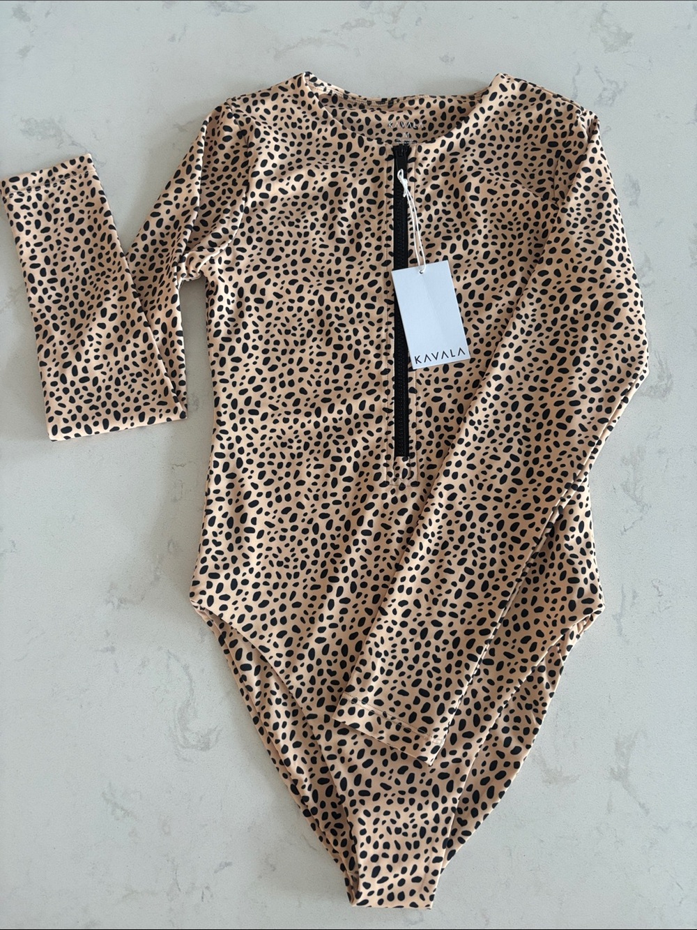 KAVALA Women's Long Sleeve One-Piece Swimsuit in Leopard Tan